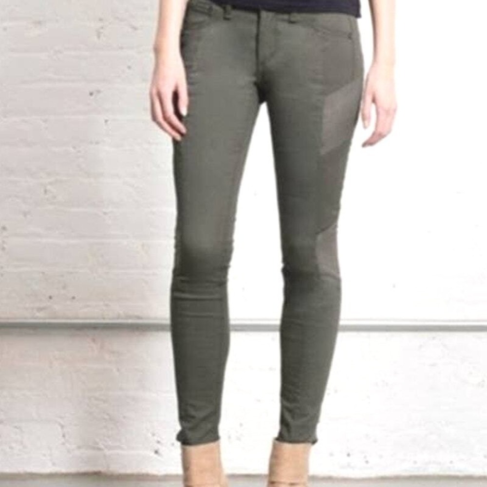 Rag & Bone Moto Skinny Pants Womens Cotton Leather Panel‎ Olive Green Size 26